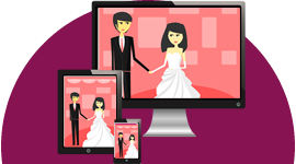 Desenho de um computador, tablet e celular exibindo um casal, para ilustrar o DVD Online, plataforma de streaming Datatix.