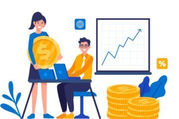Desenho de uma mulher e um homem mexendo em moedas e um notebook. Ao lado uma tabela de crescimento para Ilustrar a oportunidade de monetização que a Datatix oferece.