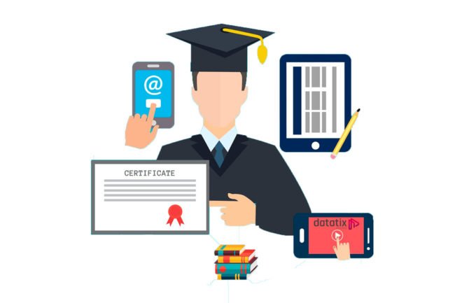 Desenho de um homem vestido como recém formado, rodeado por um celular diploma, certificado e tablet para ilustrar a plataforma EAD Datatix.