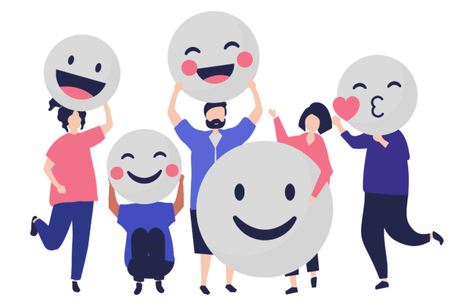 A imagem é composta por personagens segurando emojis sorridentes, com intenção de ilustrar o agradecimento e creditar as imagens presentes no site Datatix.