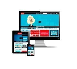 Monitor de TV, aparelho celular e tablet com a imagem da plataforma portal de vídeos.