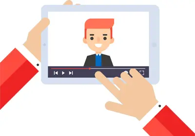 Desenho de um personagem sendo exibido por vídeo em um tablet para ilustrar o Portal de Vídeos.