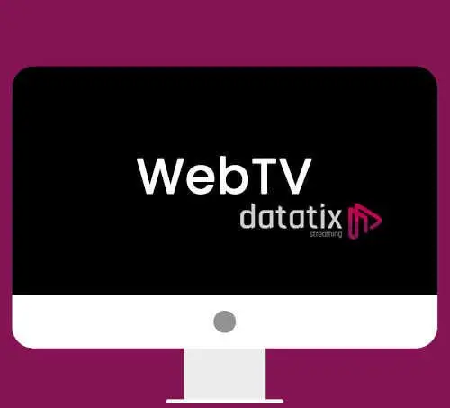 Ícone de um monitor de TV com o nome da plataforma WebTV e o logo da plataforma de streaming Datatix.