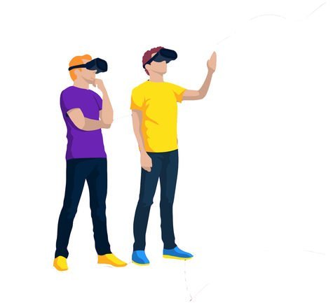 Desenho de dois homens utilizando óculos de realidade virtual para ilustrar o template Datatix 360.